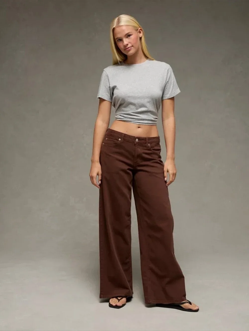 AE American Eagle Low-Rise Ultra Wide-Leg Pant Chocolate Brown 12 Regular - Picture 1 of 16